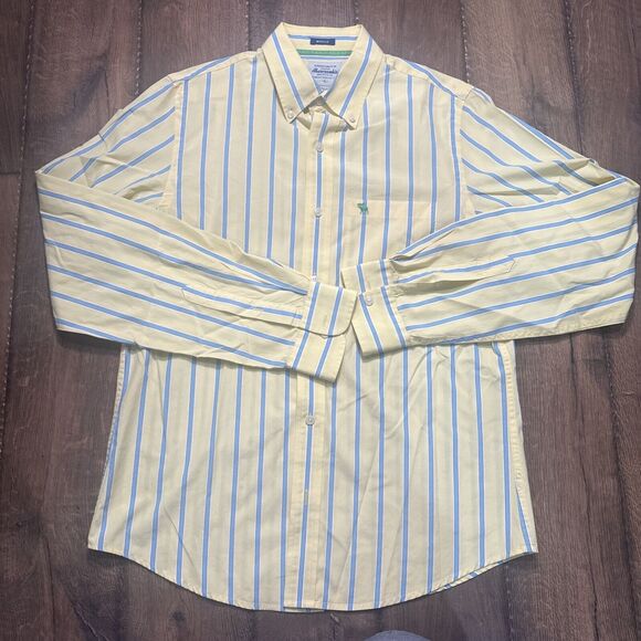 Abercrombie Fitch Muscle Yellow/Blue Striped Button Down Shirt Men Large UGC - Picture 2 of 7